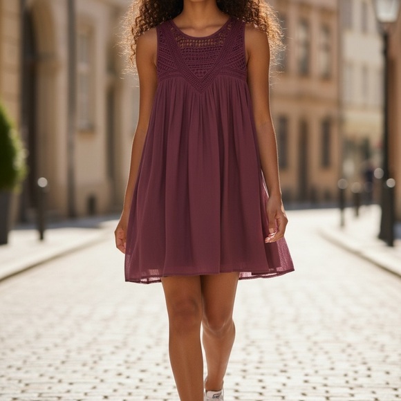 LOFT Dresses & Skirts - LOFT XS Burgundy Lace Yoke Shift Mini Dress Sleeveless Flowy Boho Lined EUC